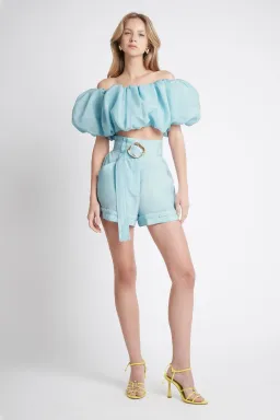 Aje Riviera Off Shoulder Tube Silk Top Size 6 and Braided Silk Short Size 10 Set Ice Blue for rent on The Volte - image 1