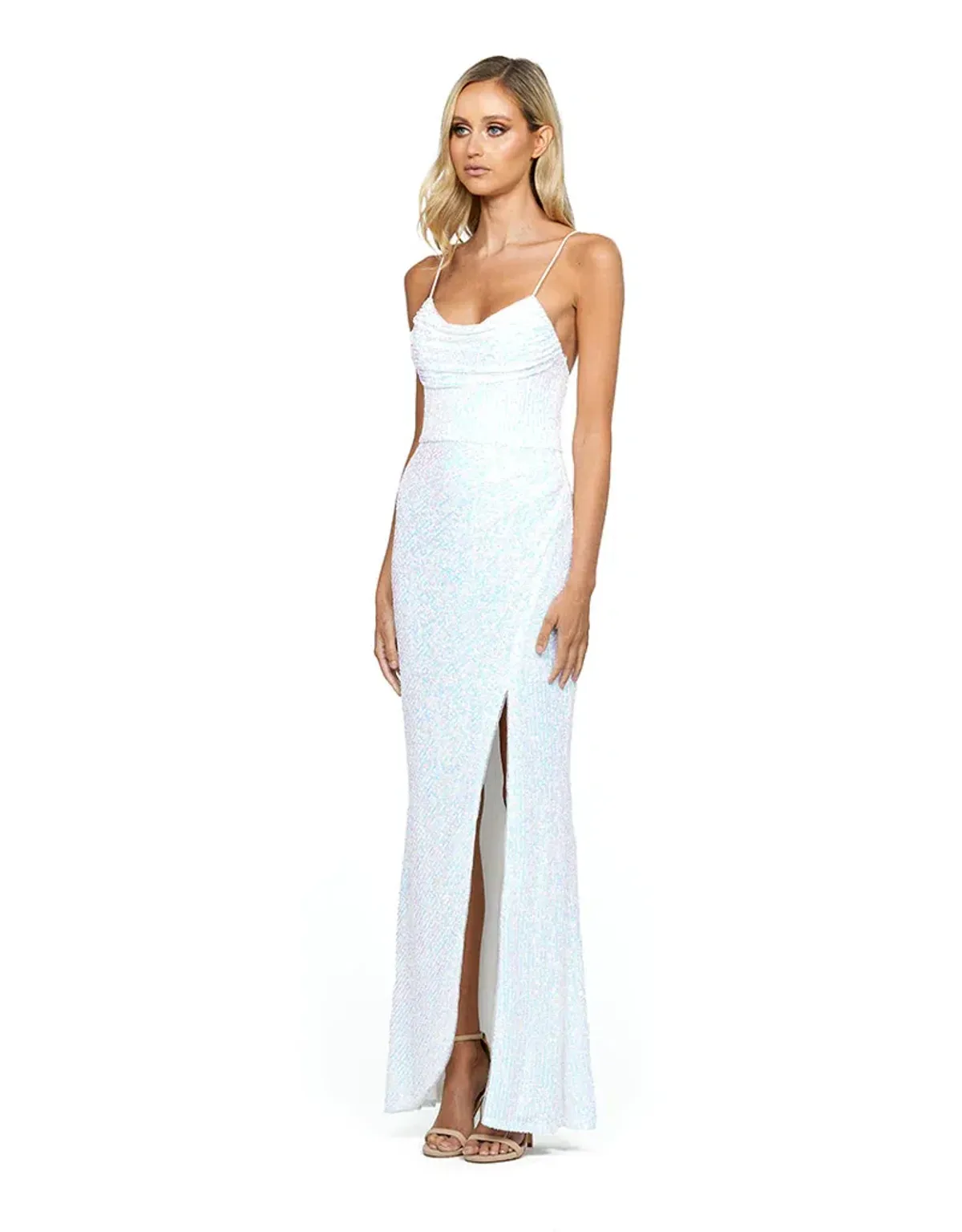 Bariano Dua Cowl Maxi Dress Iridescent White Size 12 - Image 2