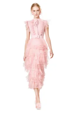 Ivan Young Silk Ruffles Tiered Midi Dress Pink Size 8 for rent on The Volte - image 4
