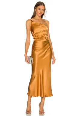 Shona Joy Alma Asymetric Bias Cowl Midi Dress Tumeric Gold Size 8 for rent on The Volte - image 1