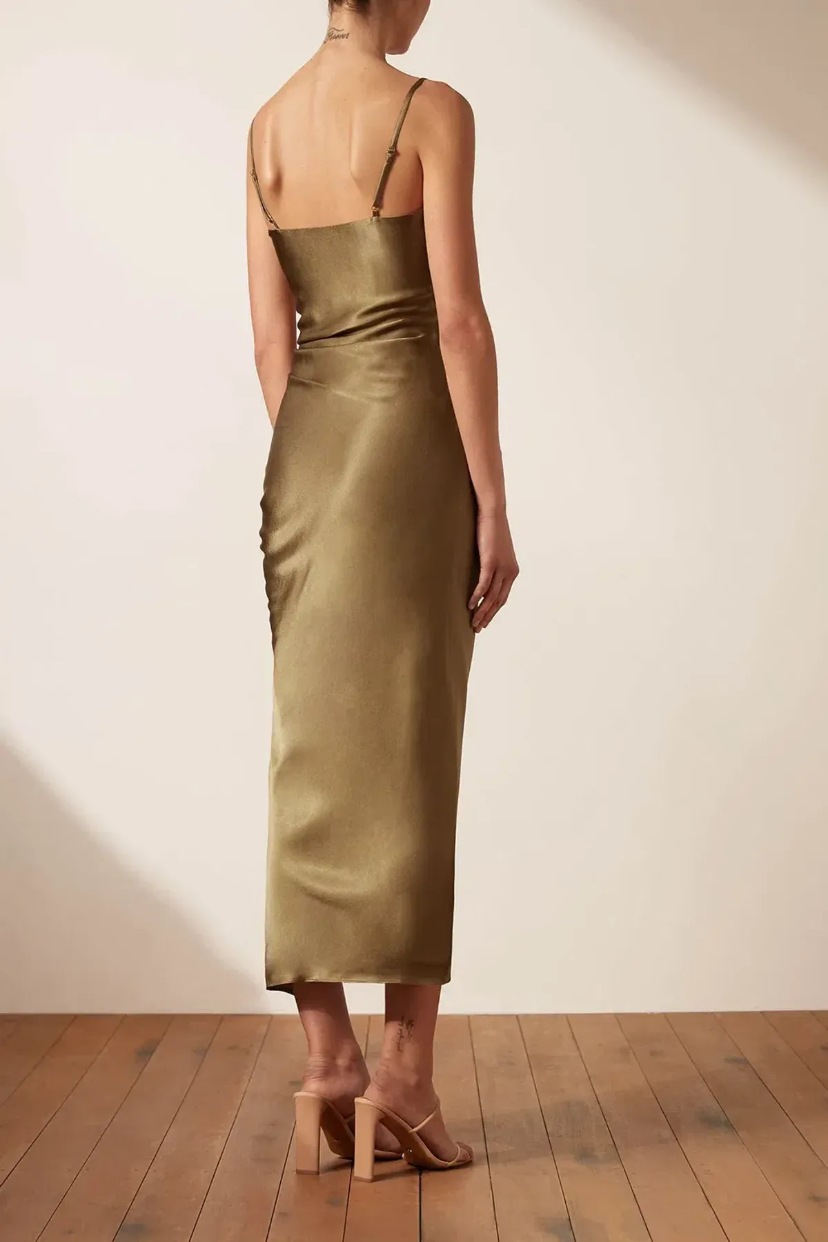 Shona Joy Thalia Bias Ruched Midi Dress Cumin Green Size 10 - Image 3