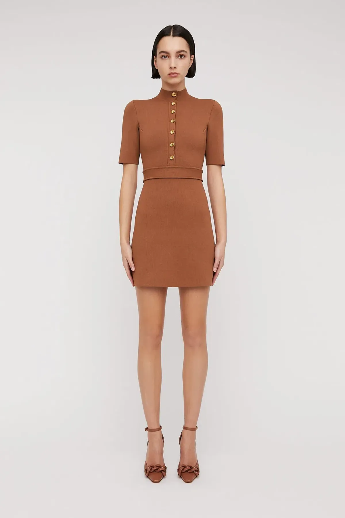 Scanlan Theodore Crepe Knit Mini Button Dress Hazel Brown Size 6 - Image 1