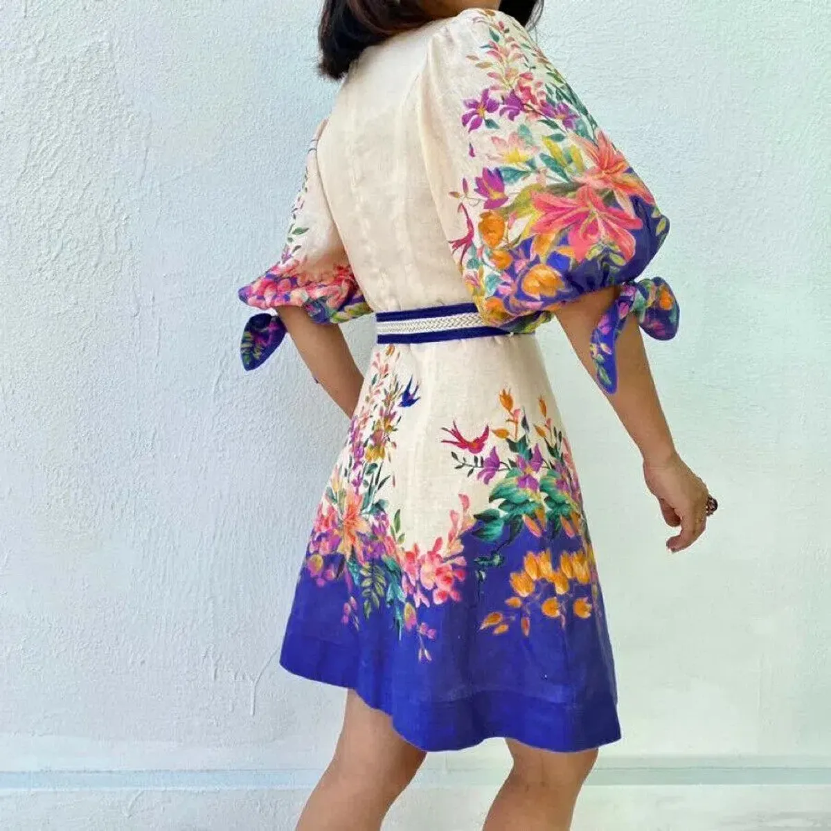 Zimmermann Tropicana Tie Sleeve Mini Dress Blue Floral Size 1/Au 10 - Image 2
