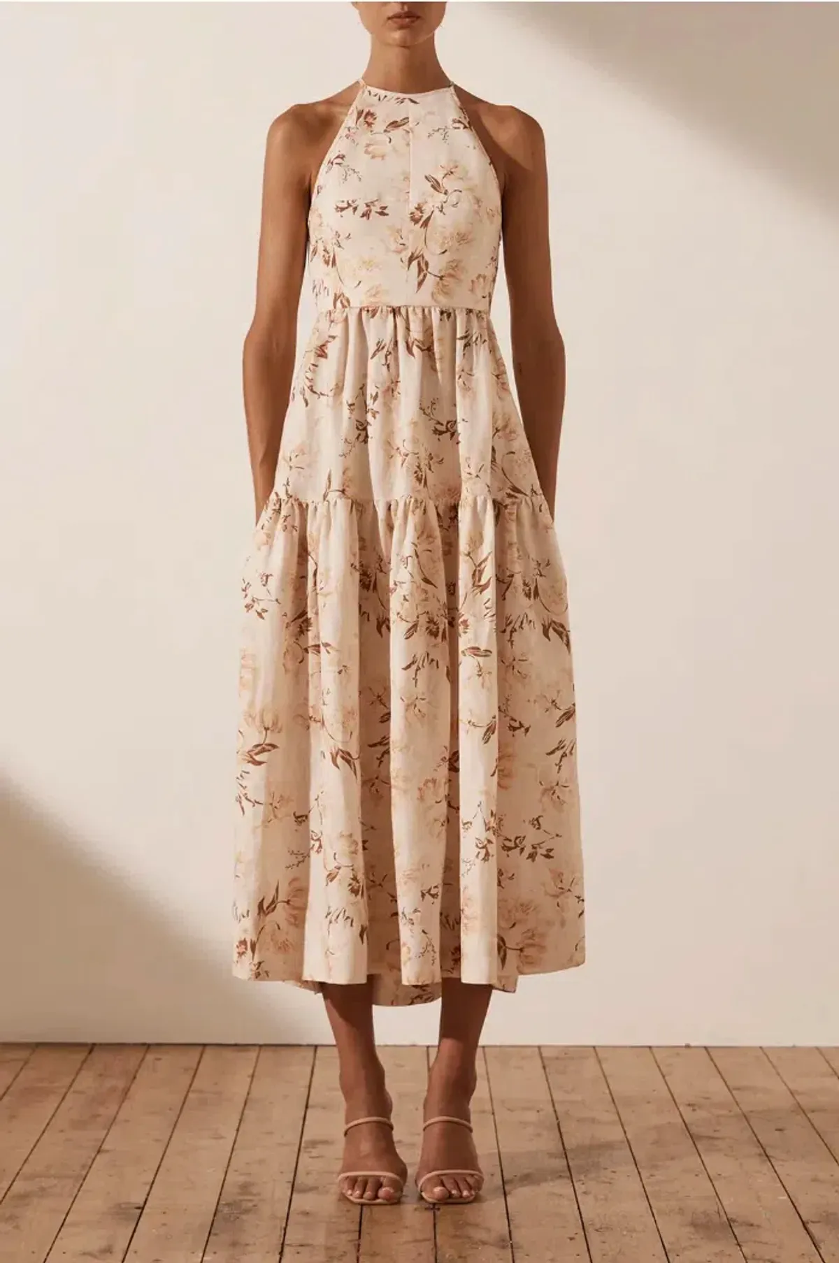 Shona Joy Roxanne Linen Open Back Tiered Midi Dress Beige Size AU 12 - Image 1
