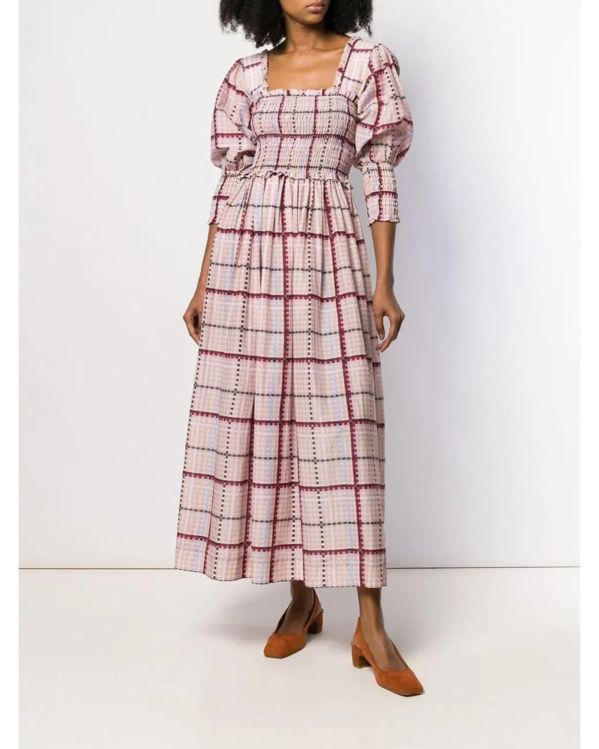 Ganni Ruched Seersucker Plaid Dress Pink Size 10 - Image 1
