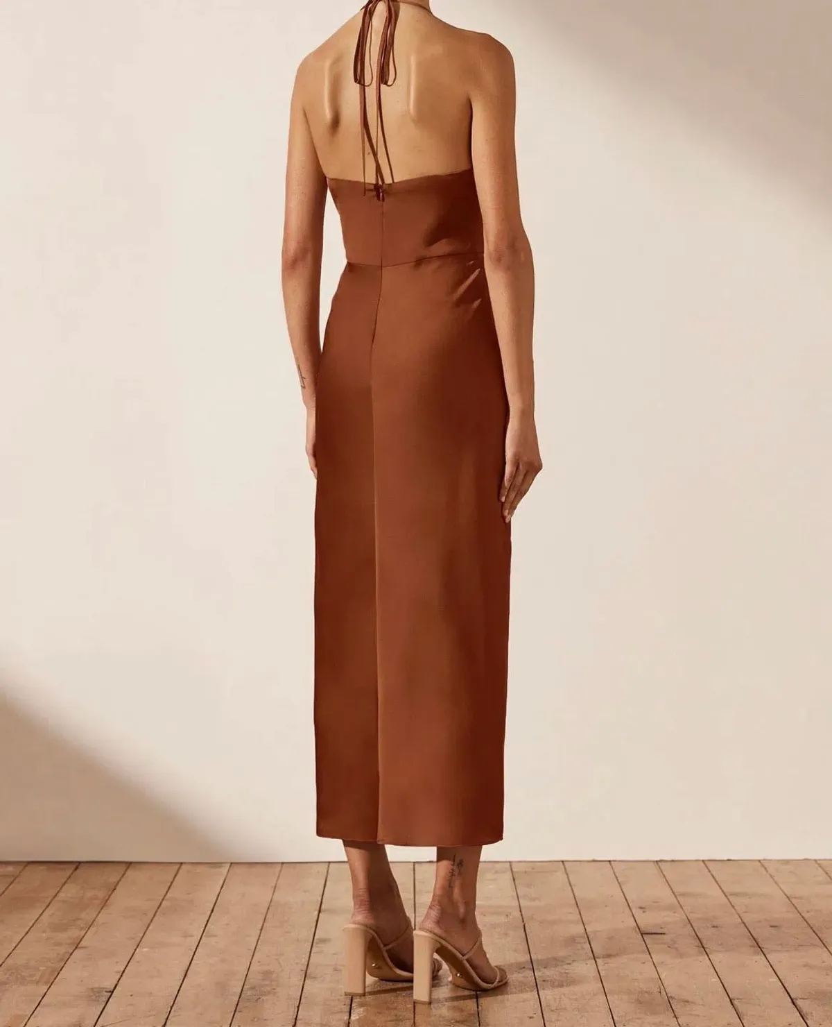Shona Joy Luxe Twist Front Halter Midi Dress Brown Size AU 8 - Image 3