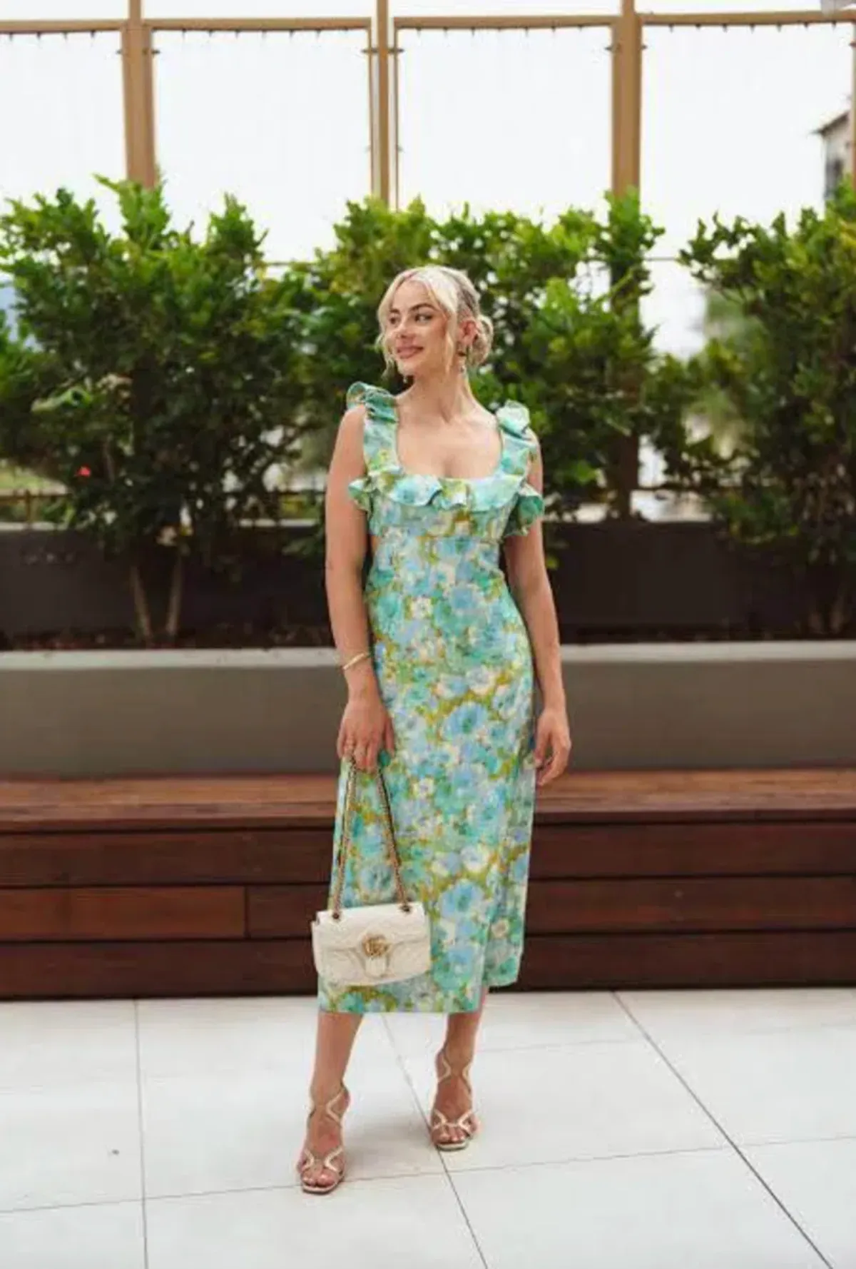 Zimmermann High Tide Open Back Fuffled Linen Midi Dress Aqua Blue Floral Print Size 2 / AU 12 - Image 3