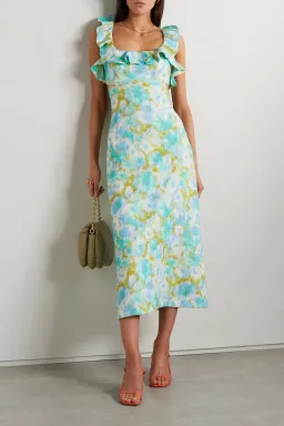 Zimmermann High Tide Open Back Fuffled Linen Midi Dress Aqua Blue Floral Print Size 2 / AU 12 for rent on The Volte - image 1
