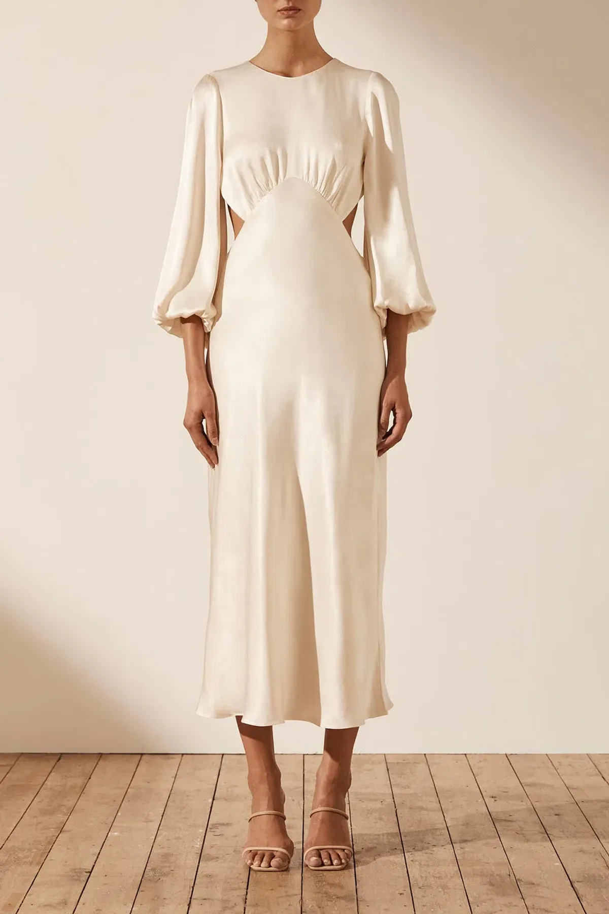 Shona Joy La Lune Open Back Balloon Sleeve Midi Dress Cream Size 10 / M - Image 1