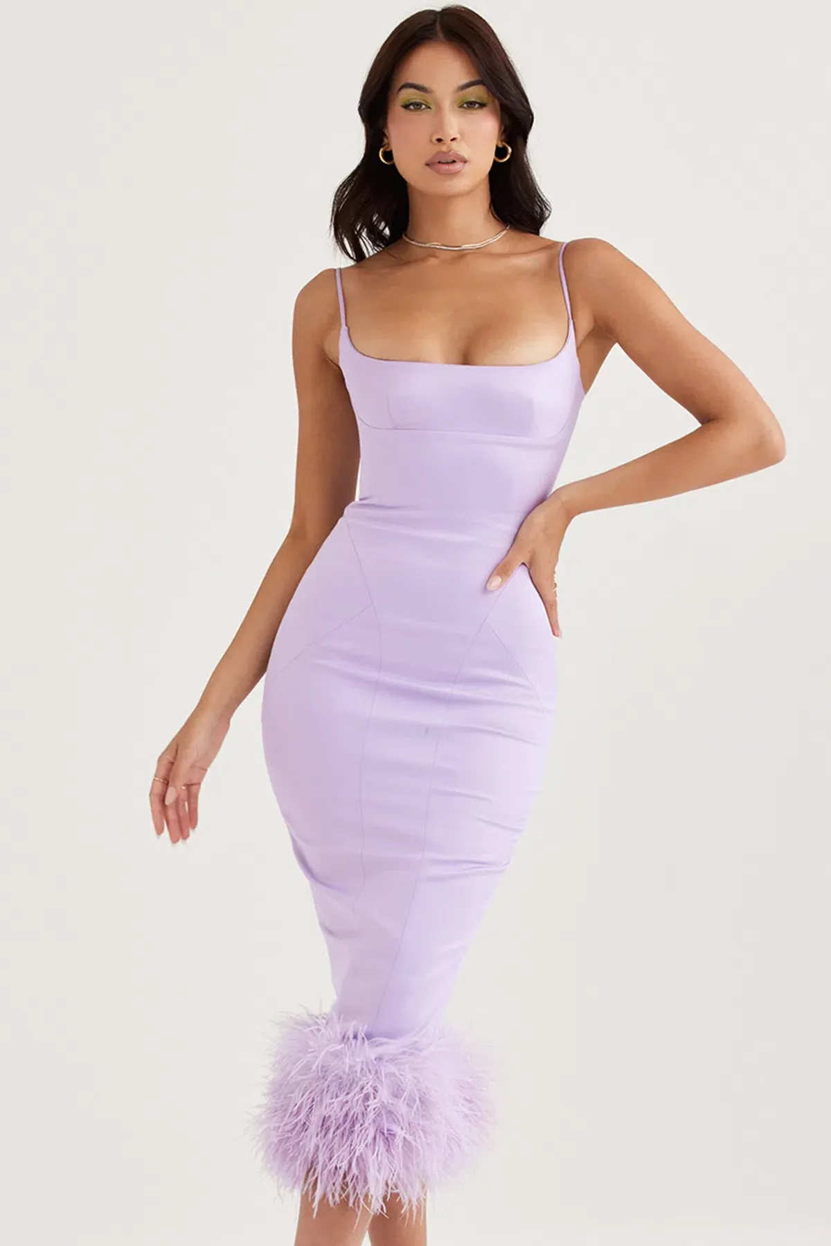House of CB Helena Satin Feather Trim Midi Dress Purple Size M / Au 10 - Image 4