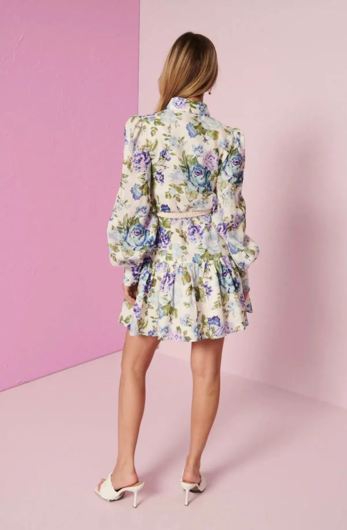 Kate Ford Mojave Short Shirt Dress Belt Floral Blue Size 3/Au 12 - Image 4