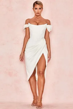 House of CB Loretta Satin Off Shoulder Midi Dress Ivory Size XS / Au 6 for rent on The Volte - image 3
