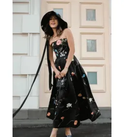 Leo Lin The Fields Embroidered Bustier Midi Dress Black Floral Size 10 for rent on The Volte - image 1