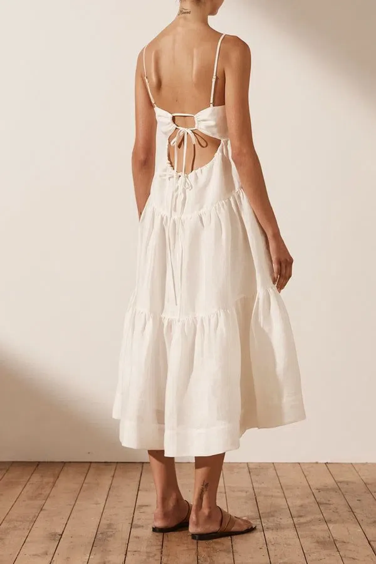 Shona Joy Maya Linen Pin Tuck Open Back Tiered Midi Dress White Size AU 8 - Image 3