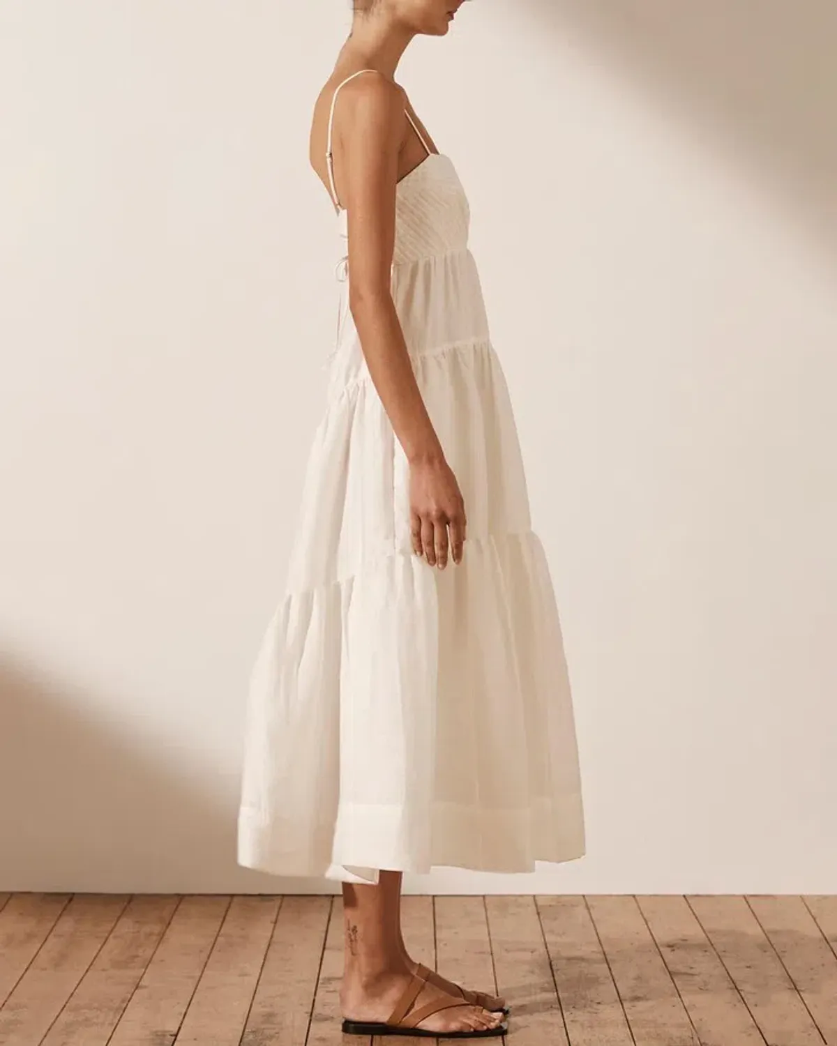 Shona Joy Maya Linen Pin Tuck Open Back Tiered Midi Dress White Size AU 8 - Image 4