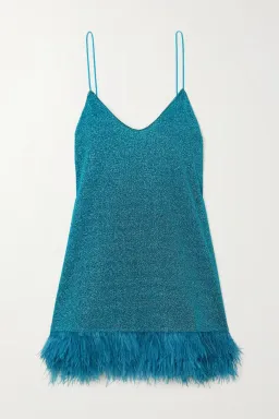 Oséree Lumière Feather-trimmed Stretch-lurex Mini Dress Blue Size 8  for rent on The Volte - image 3