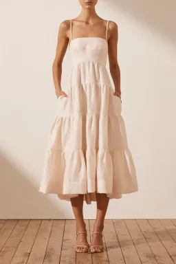 Shona Joy Elsa Tiered Midi Dress Ecru Size 10 / M for rent on The Volte - image 1