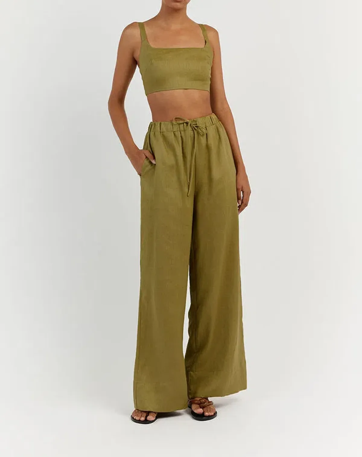 Dissh Penny Linen Crop Top Size 10 and Gina Linen Elastic Waist Pant Size 6 Set Olive - Image 1