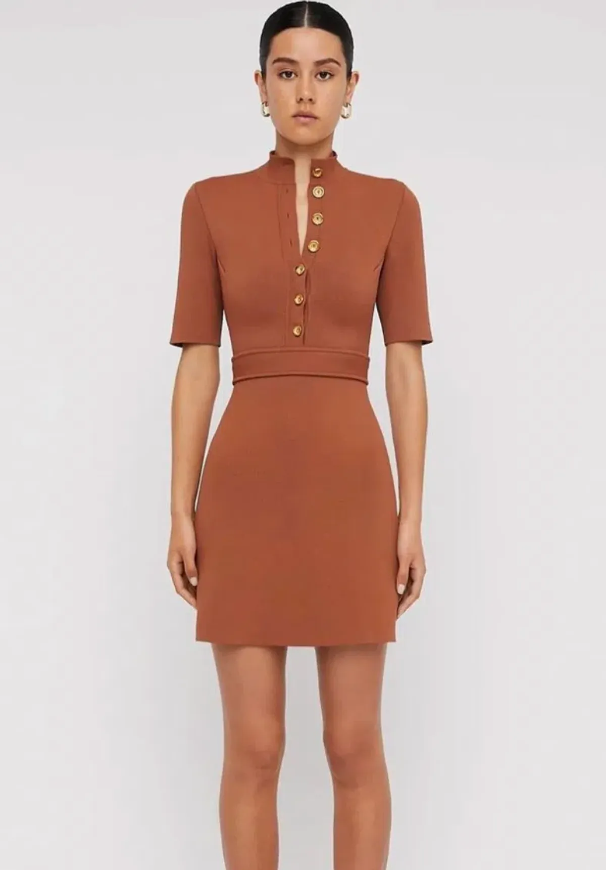 Scanlan Theodore Crepe Knit Mini Button Dress Hazel Brown Size 8 / S - Image 4