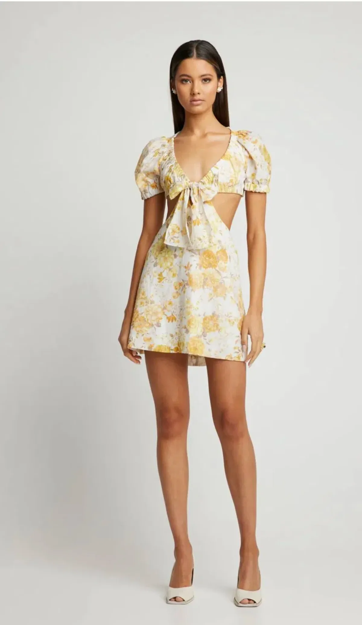 Sofia The Label Ami Tie Front Mini Dress Yellow Floral Size 8 - Image 1