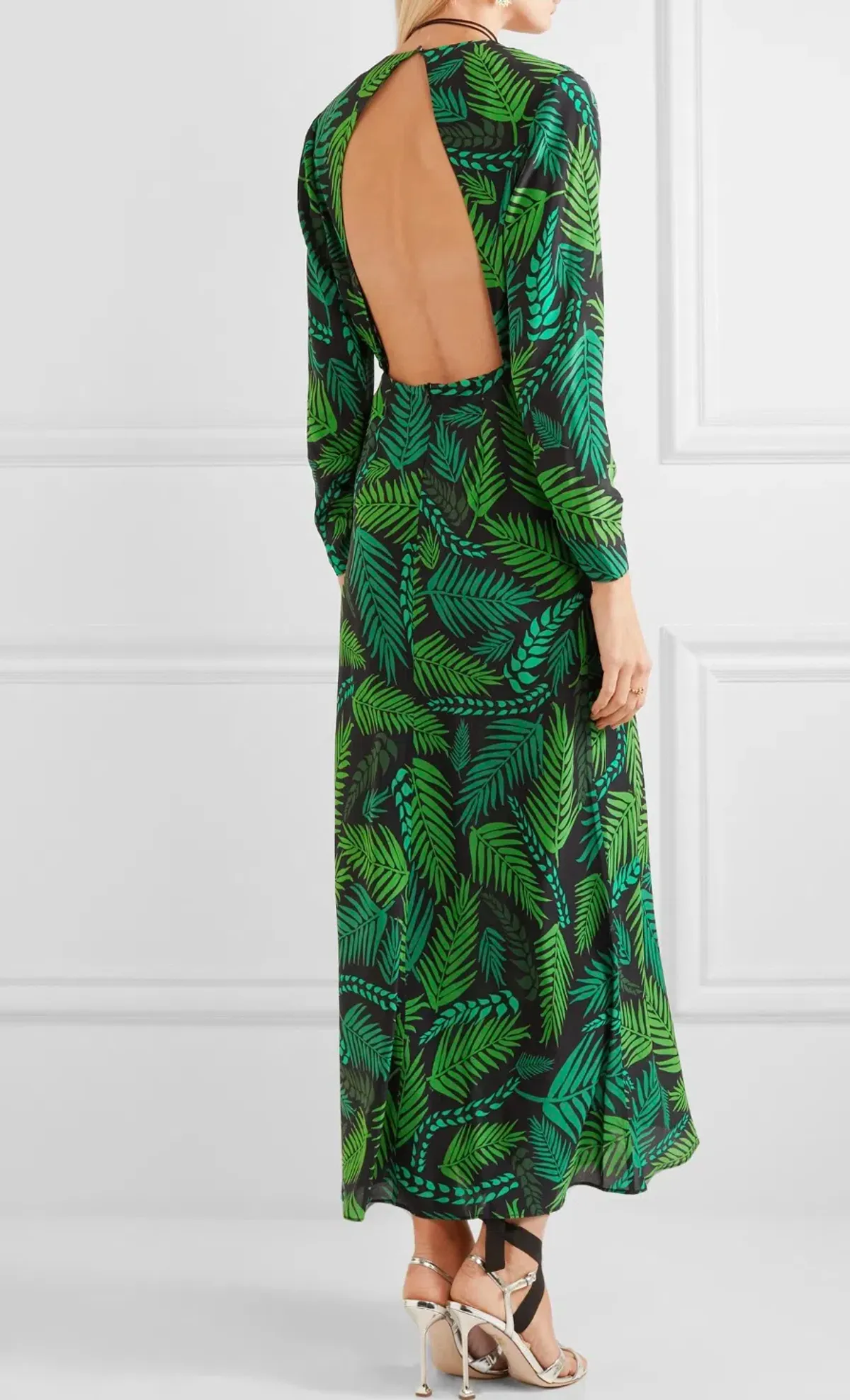 Rixo 'Rose' open back ruffled, green printed silk georgette maxi dress size Small AU10 - Image 3