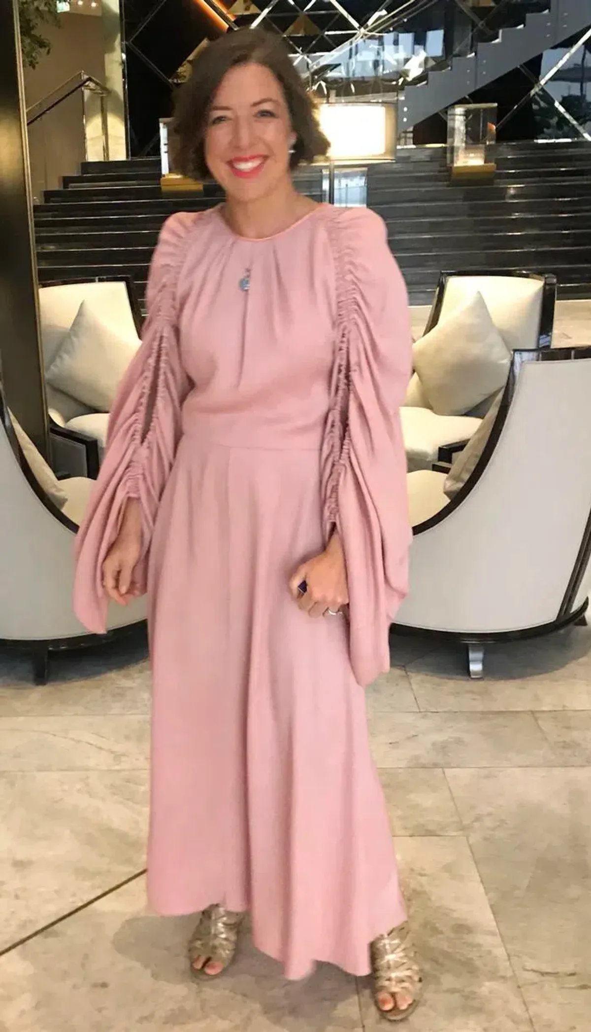 Roksanda Silk Midi Dress With Ruched Sleeves Pastel Pink Size AU 8 - Image 1