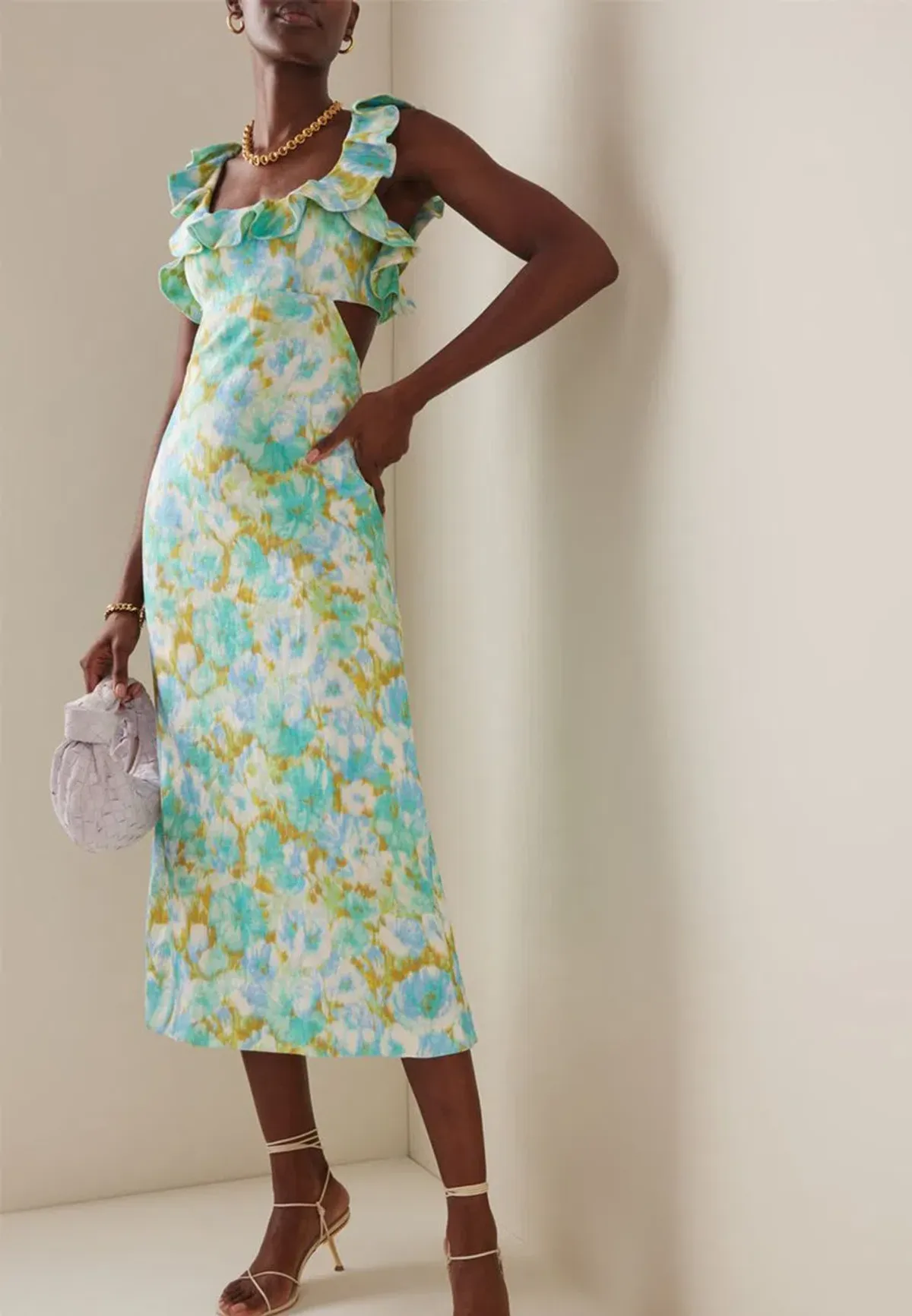 Zimmermann High Tide Frilled Midi Aqua Ikat Floral Size 1/Au 10 - Image 1