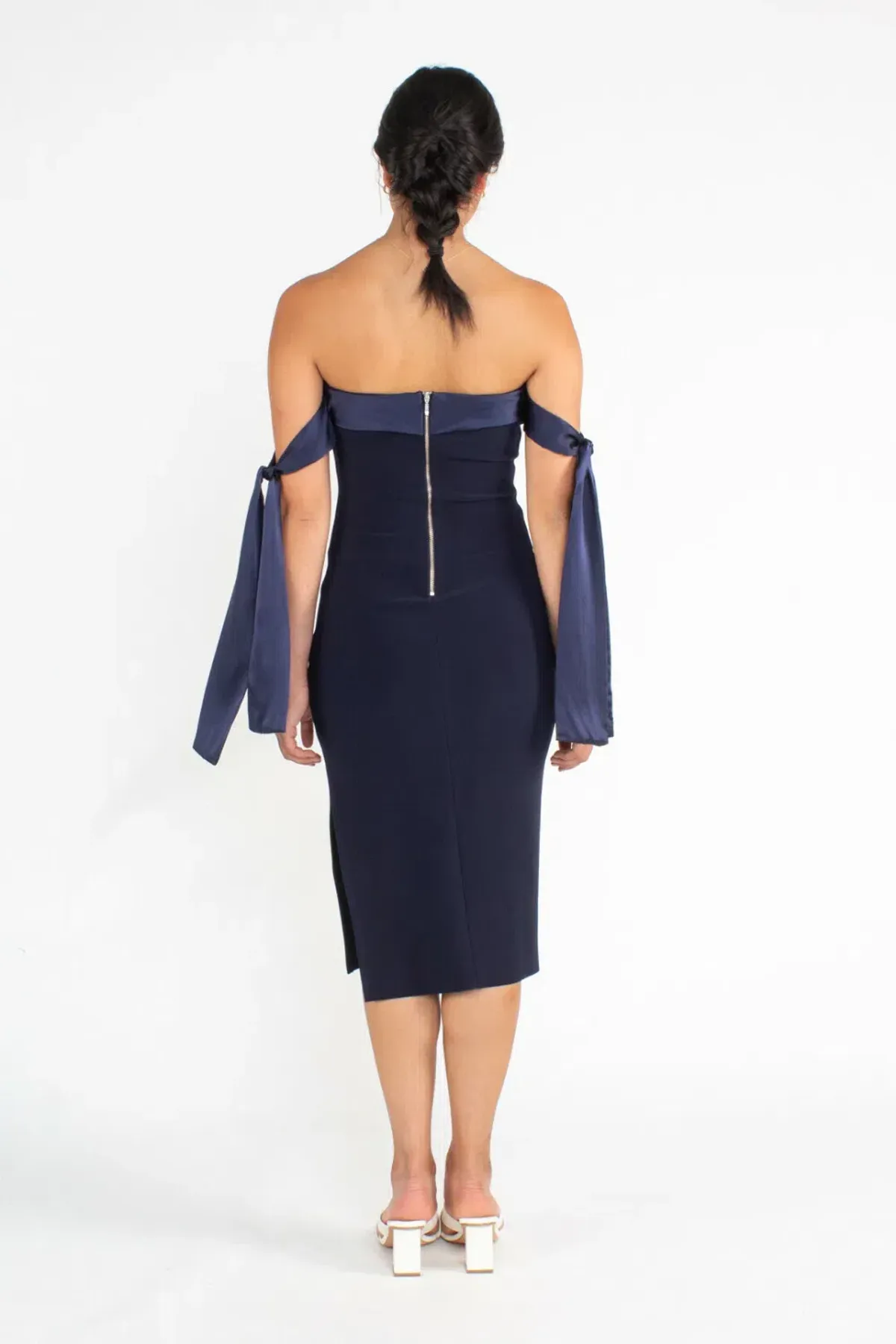 Bec & Bridge Tie Sleeve Off Shoulder Midi Dress Navy Size AU 6 - Image 2