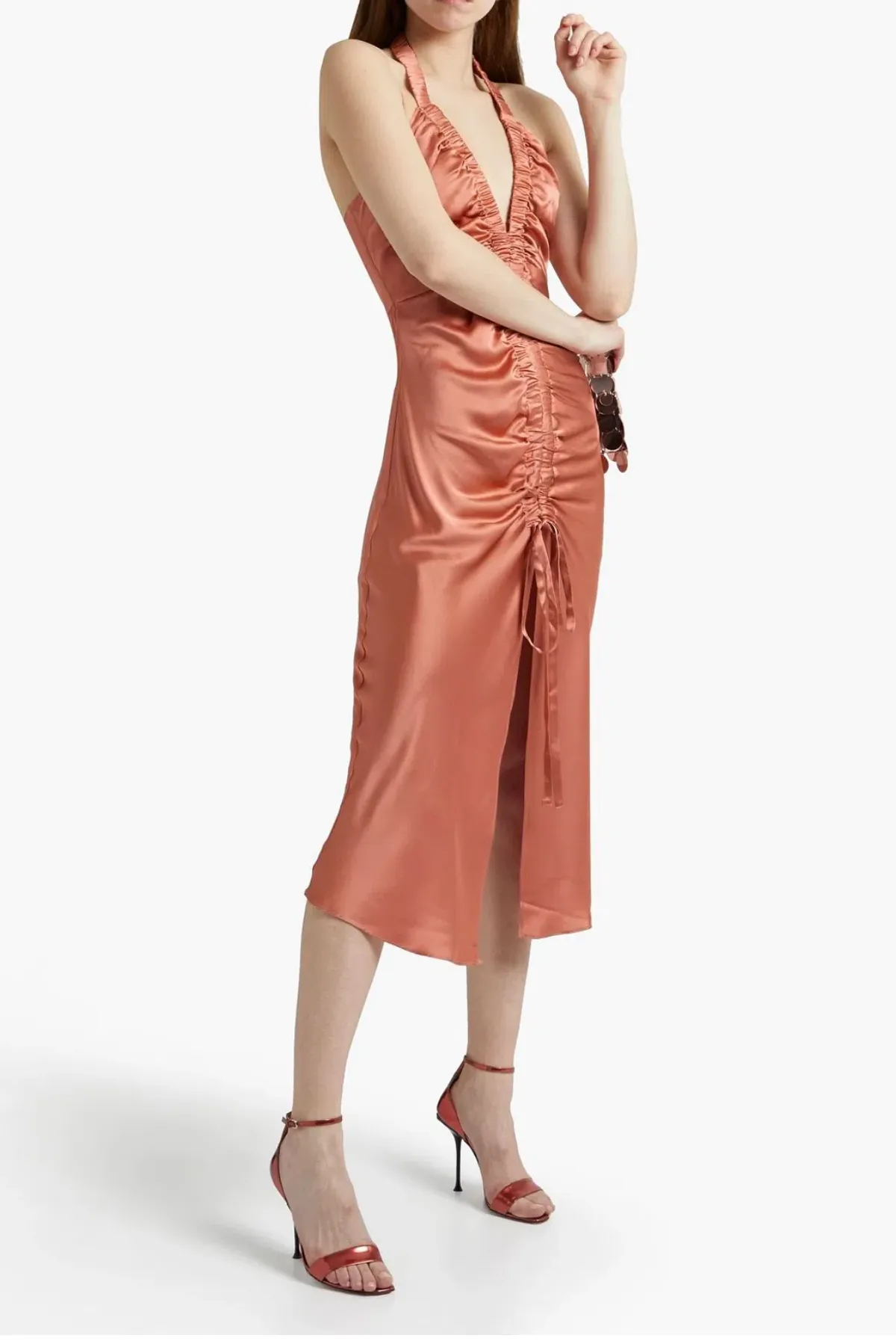Nicholas Allia Ruched Silk Satin Halterneck Midi Dress Bellini Size 10 - Image 1