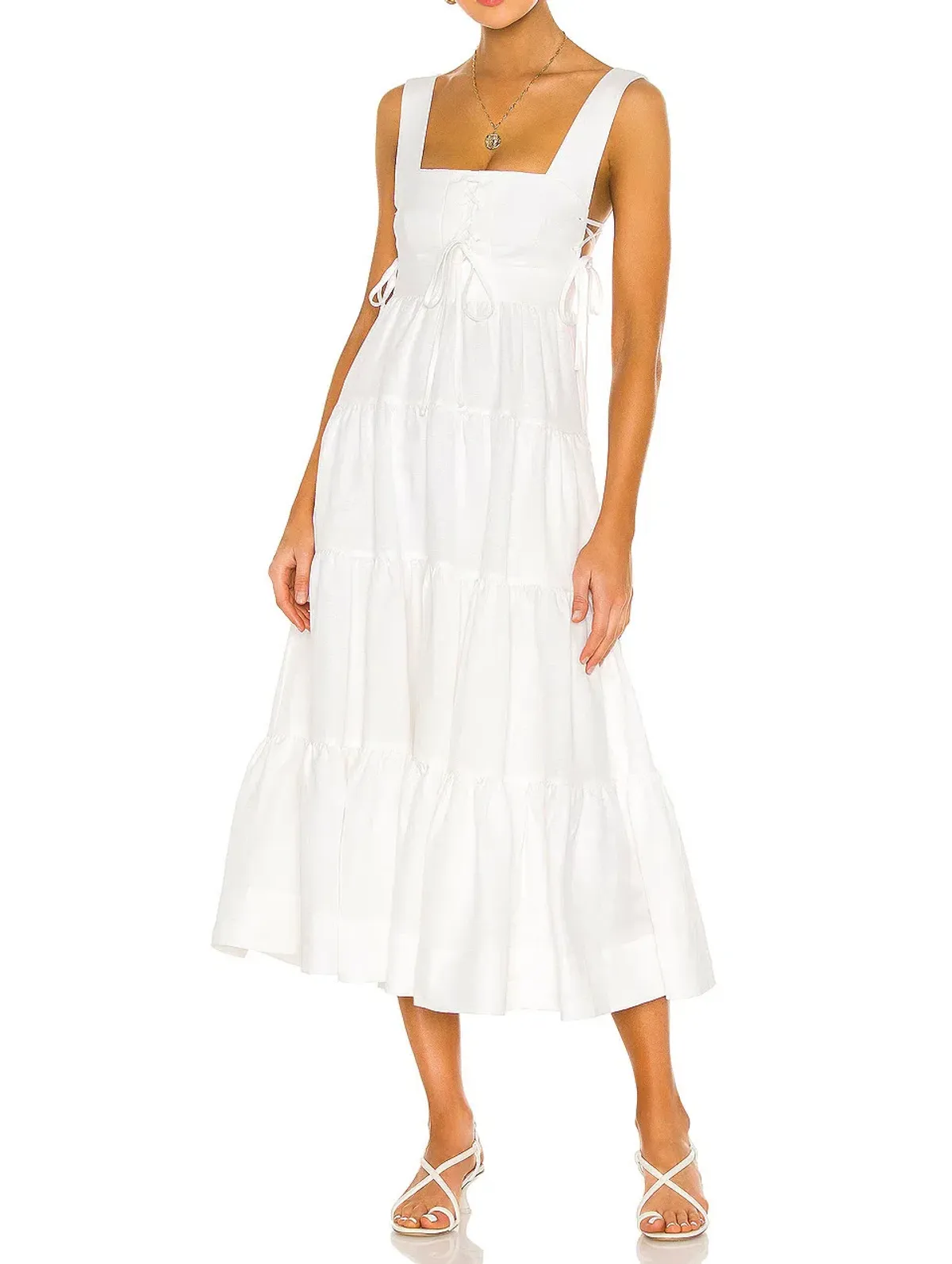 Shona Joy Blanca Lace Up Tiered Midi Dress Ivory Size 8 - Image 1