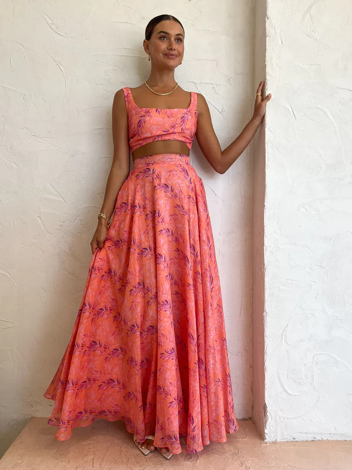 Sonya Moda Serena Maxi Skirt & Top In Peach Watercolour Print Size 8  - Image 1