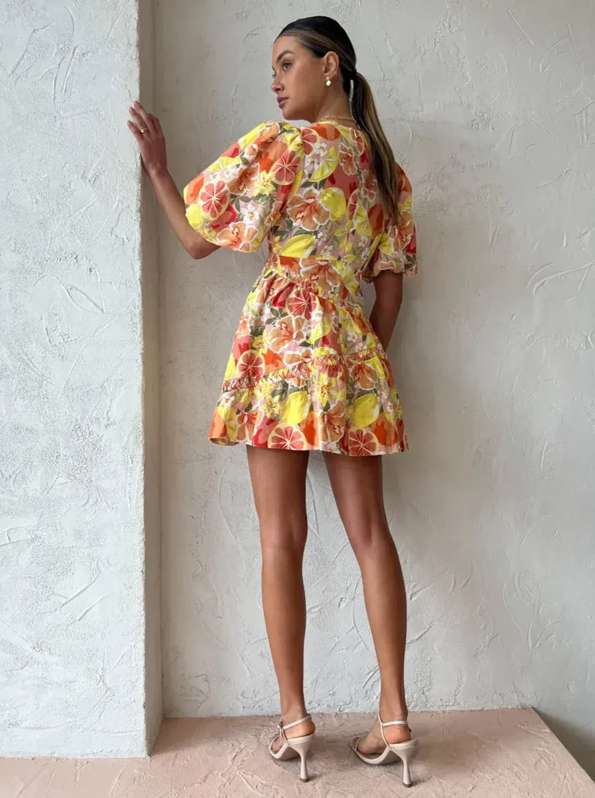 By Nicola Sol Puff Sleeve Mini Dress In Citrus Print Orange Size AU 8 - Image 2