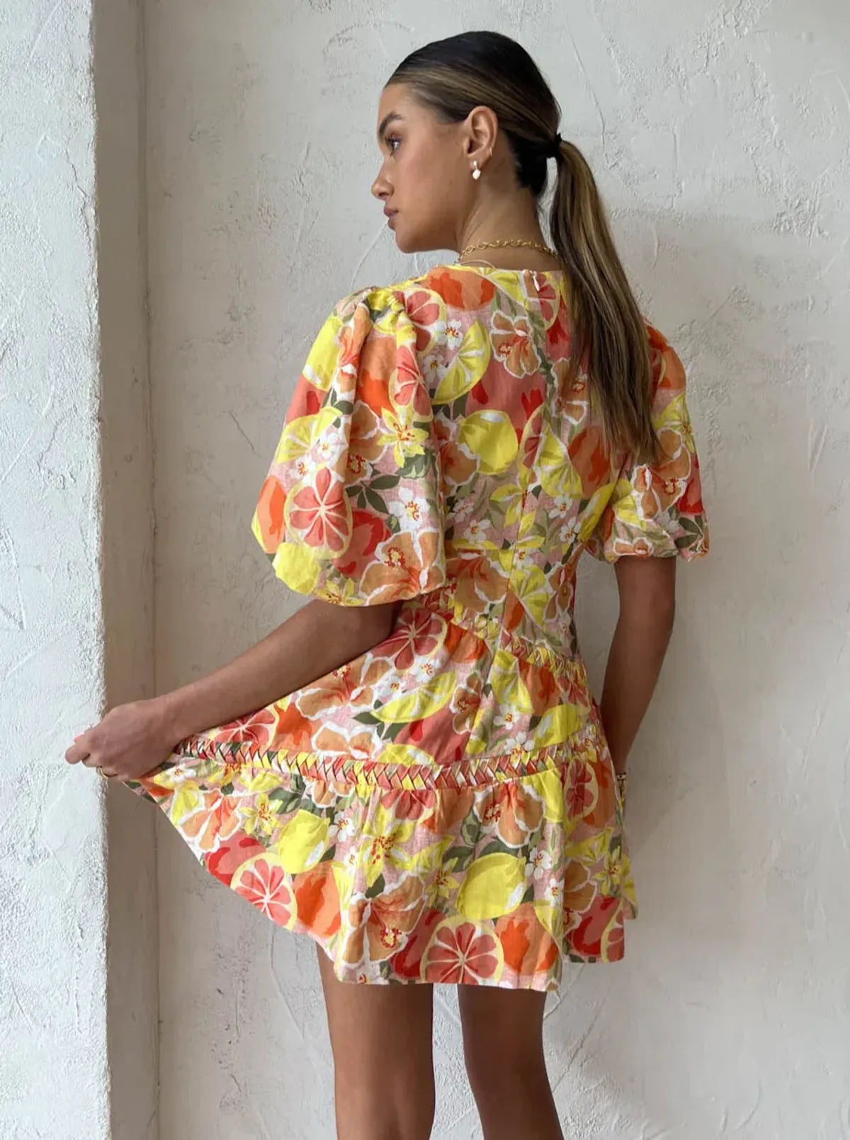 By Nicola Sol Puff Sleeve Mini Dress In Citrus Print Orange Size AU 8 - Image 4
