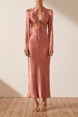 Shona Joy Angelica Long Sleeve Cut Out Front Midi Dress in Rouge Pink Size AU 10 for rent on The Volte - image 1
