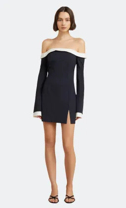 Bec & Bridge Cece Off Shoulder Dress Ink Pinstripe Size 8  for rent on The Volte - image 1