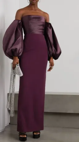 SOLACE LONDON Carmen off-the-shoulder gathered satin and crepe maxi dress for rent on The Volte - image 2
