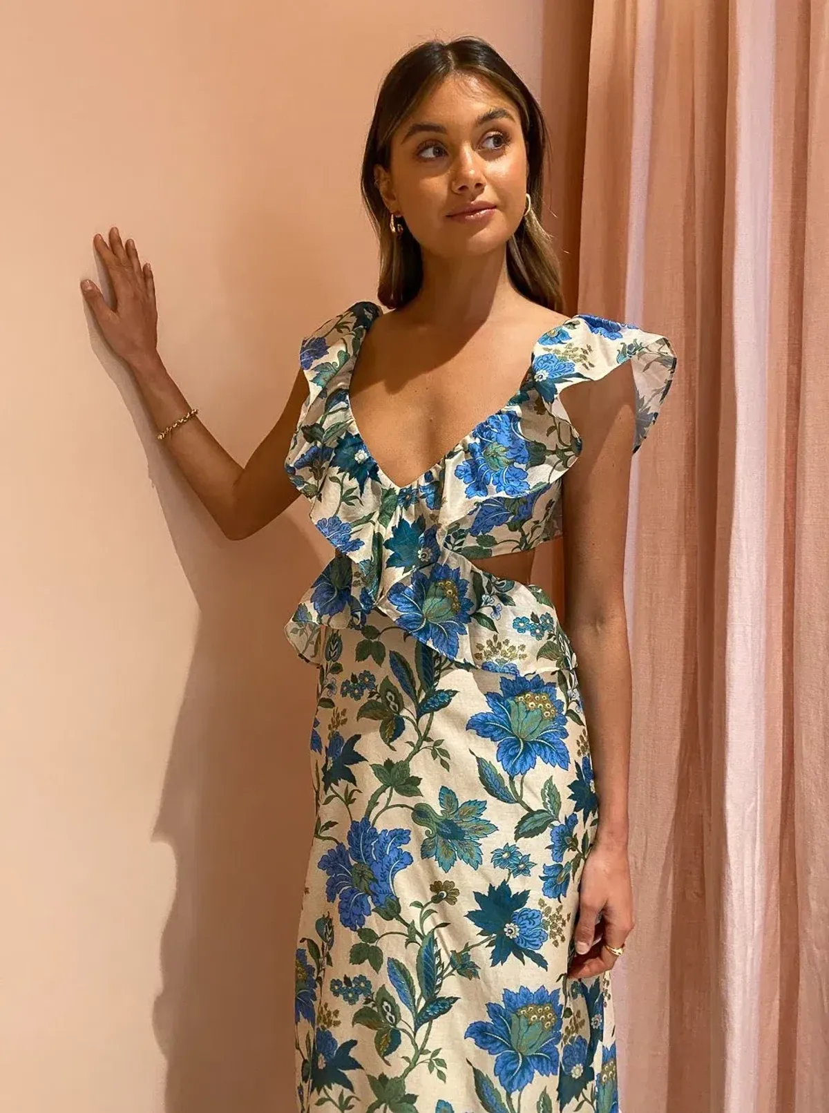 Sir Celia Frill Midi Cutout Dress In Marguerite Print Green Floral Size 2 / 10  - Image 4