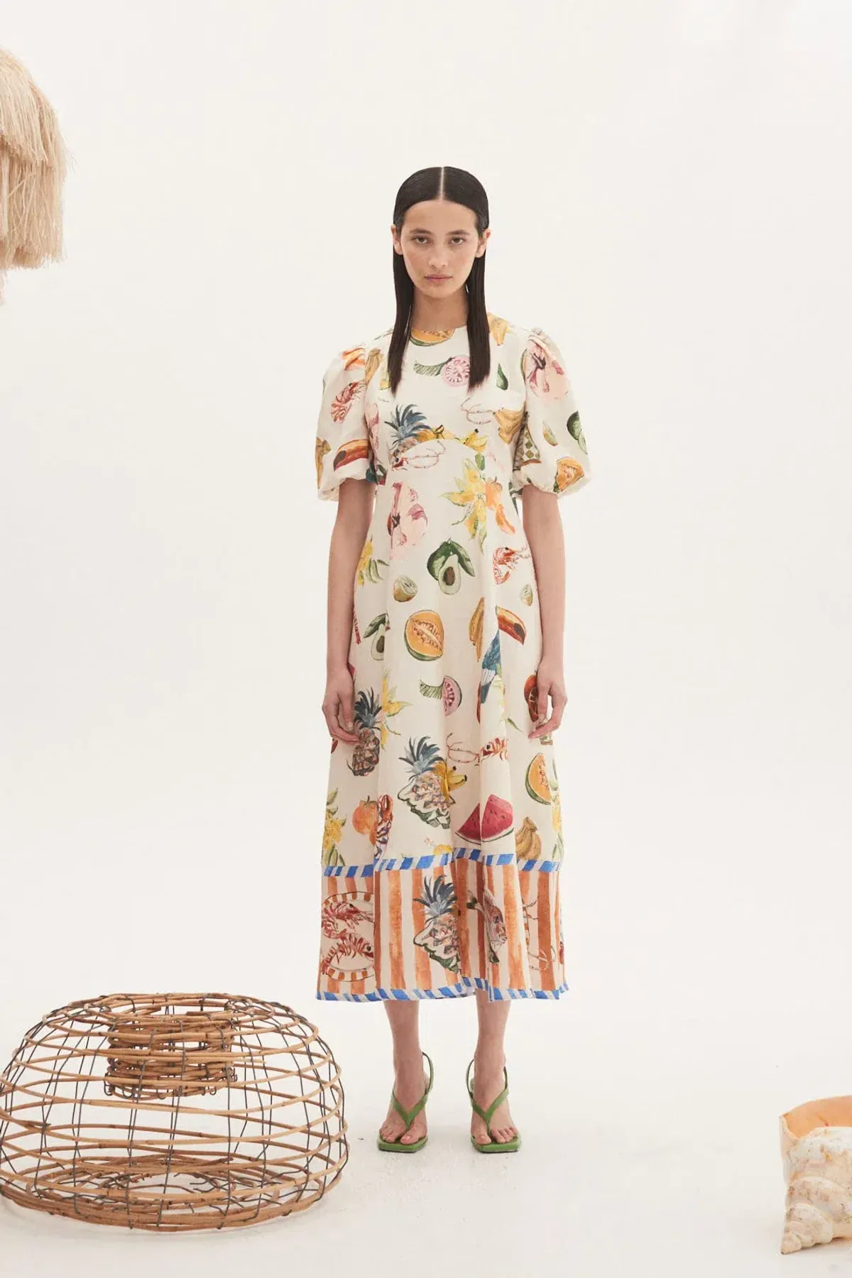 Alemais Theo Midi Linen Puff Sleeve Dress Print Size 12 - Image 4