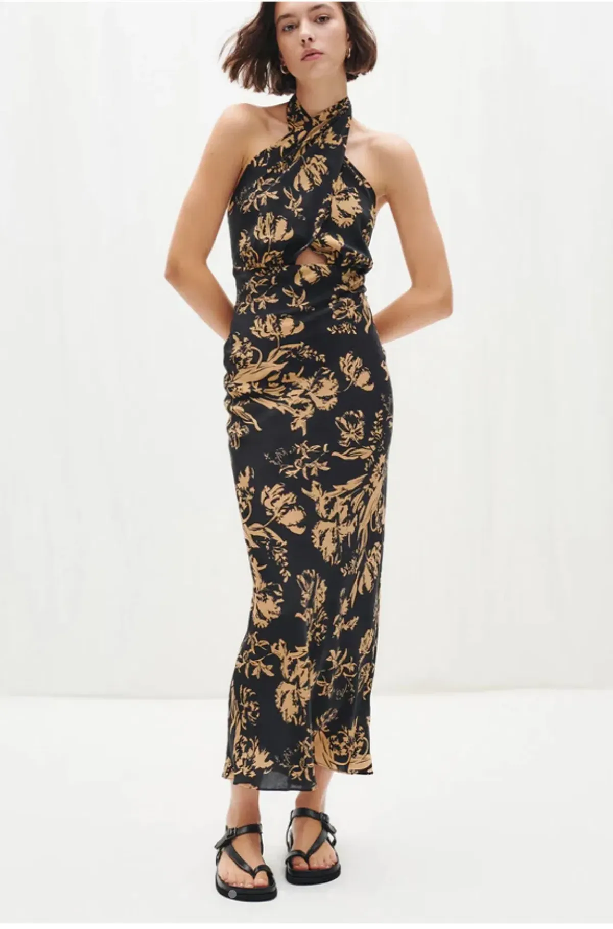 Shona Joy Dawn Silk Cross Front Halter Midi Dress Print Size 8 / S - Image 1