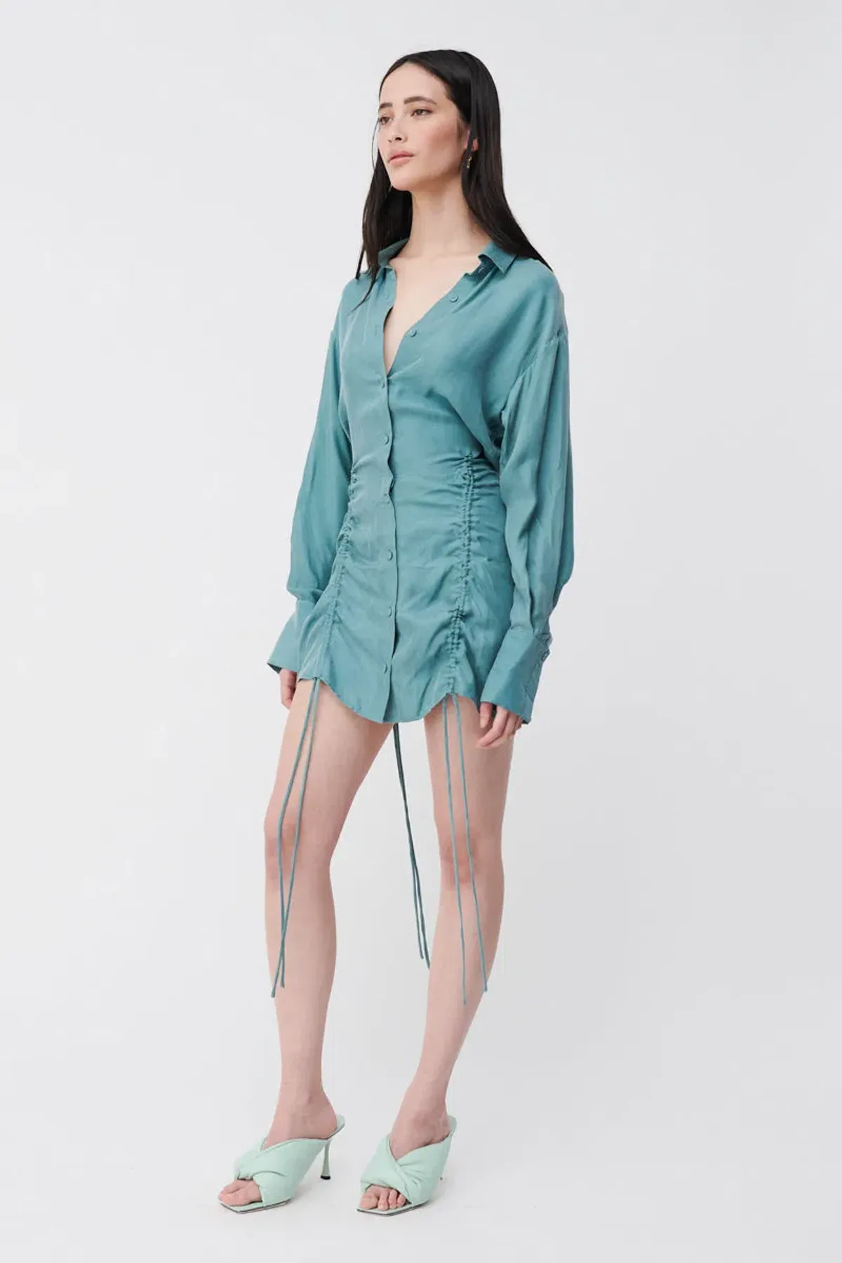 Suboo Seafoam Andy Ruched Mini Shirt Dress Blue  Size S / AU 8 - Image 3