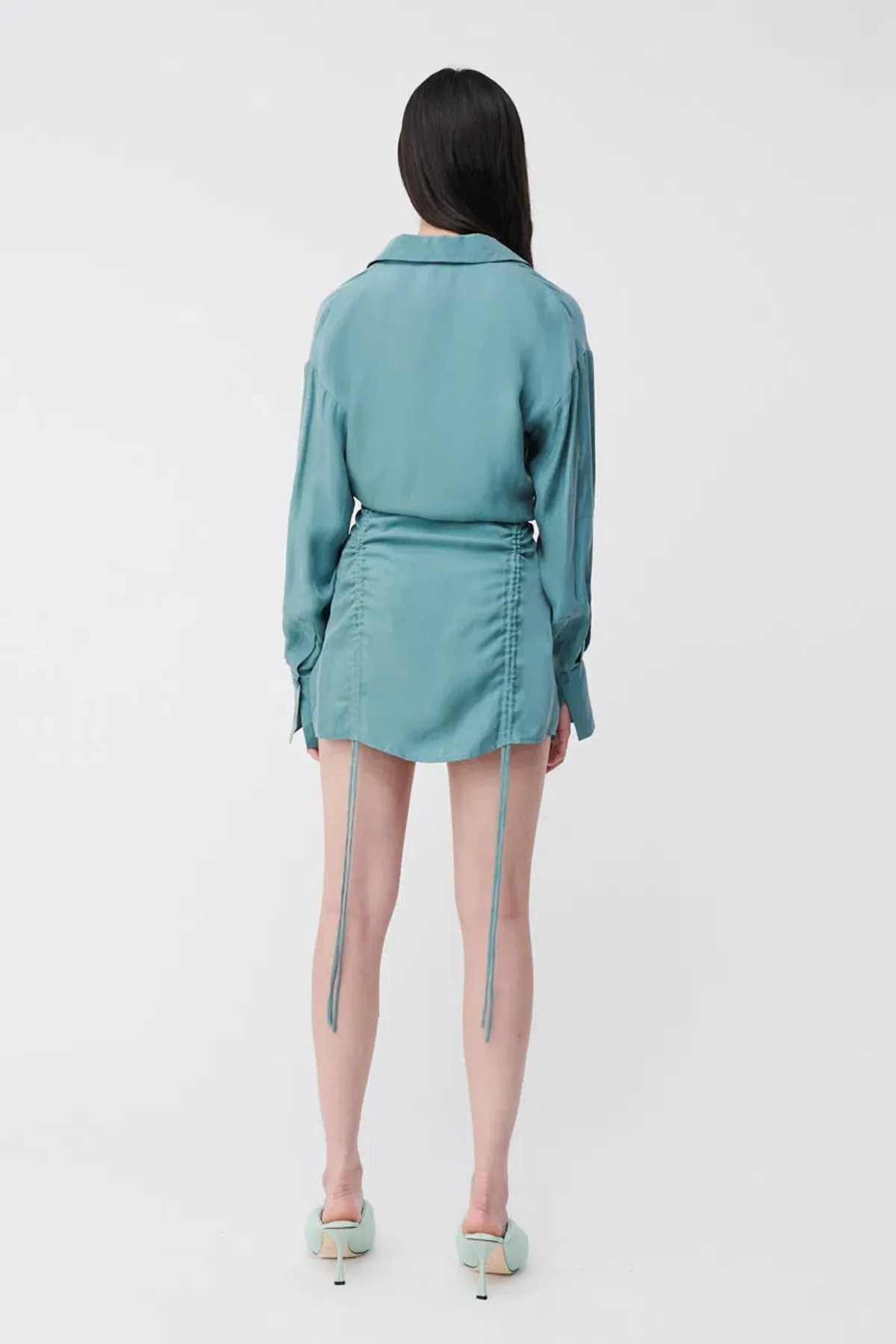Suboo Seafoam Andy Ruched Mini Shirt Dress Blue  Size S / AU 8 - Image 4