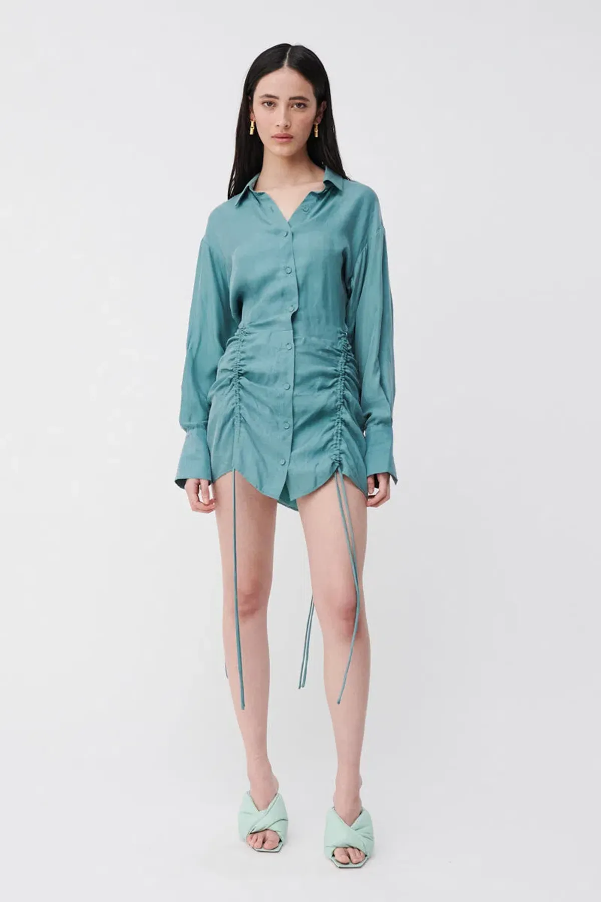 Suboo Seafoam Andy Ruched Mini Shirt Dress Blue  Size XS / AU 6 - Image 1