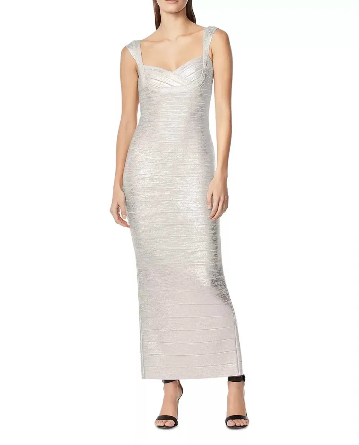 Herve Leger Sweetheart Banded Foil Gown Silver Size 8 - Image 1