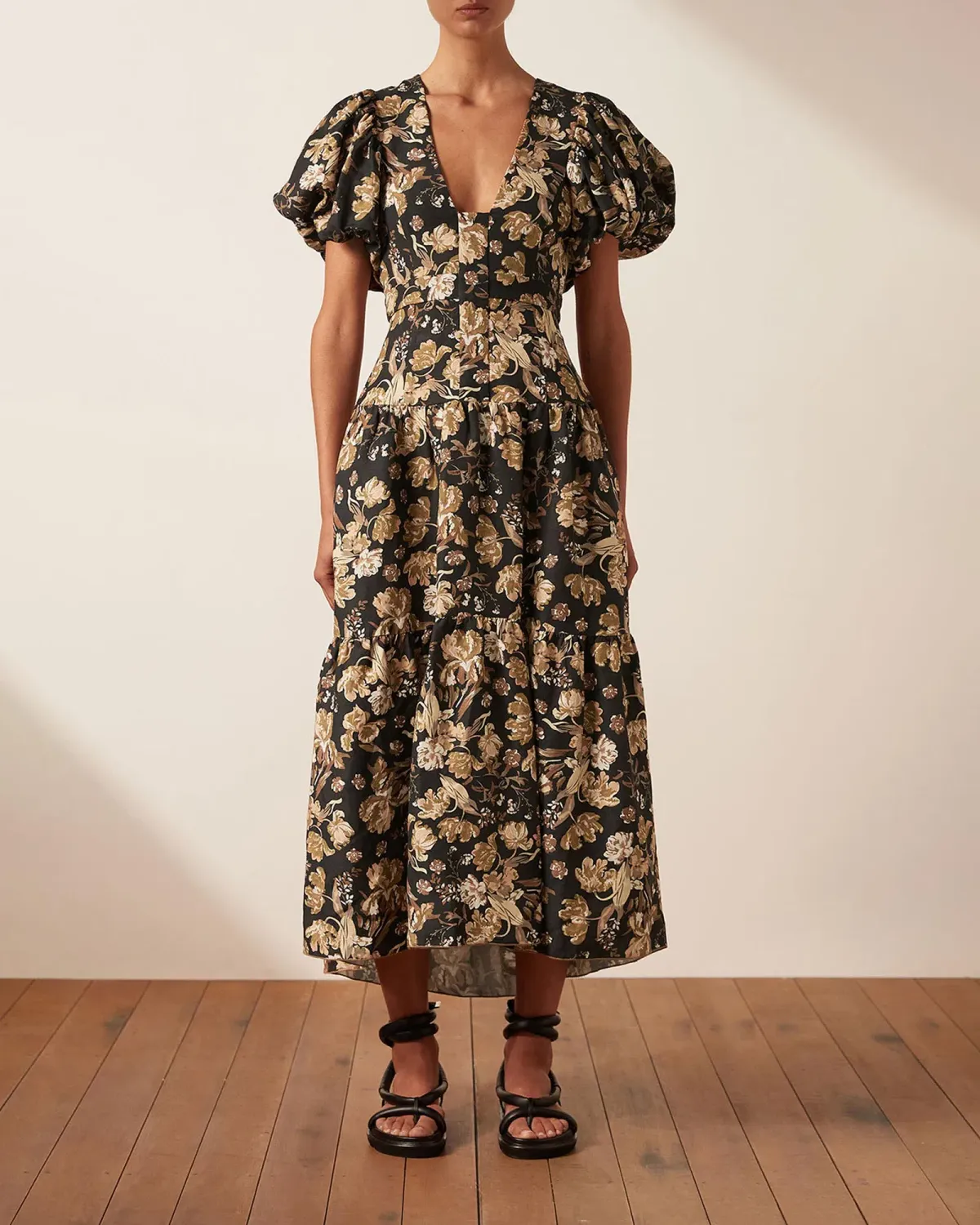 Shona Joy Palermo Plunged Short Sleeve Midi Dress Black Size AU 16 - Image 1