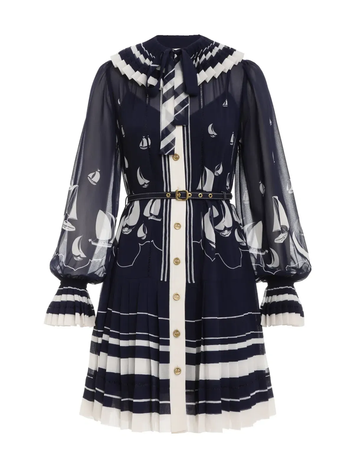 Zimmermann Pleated Tie Neck Mini Dress Moonlight Sailboats Size 3 / Au 14 - Image 2