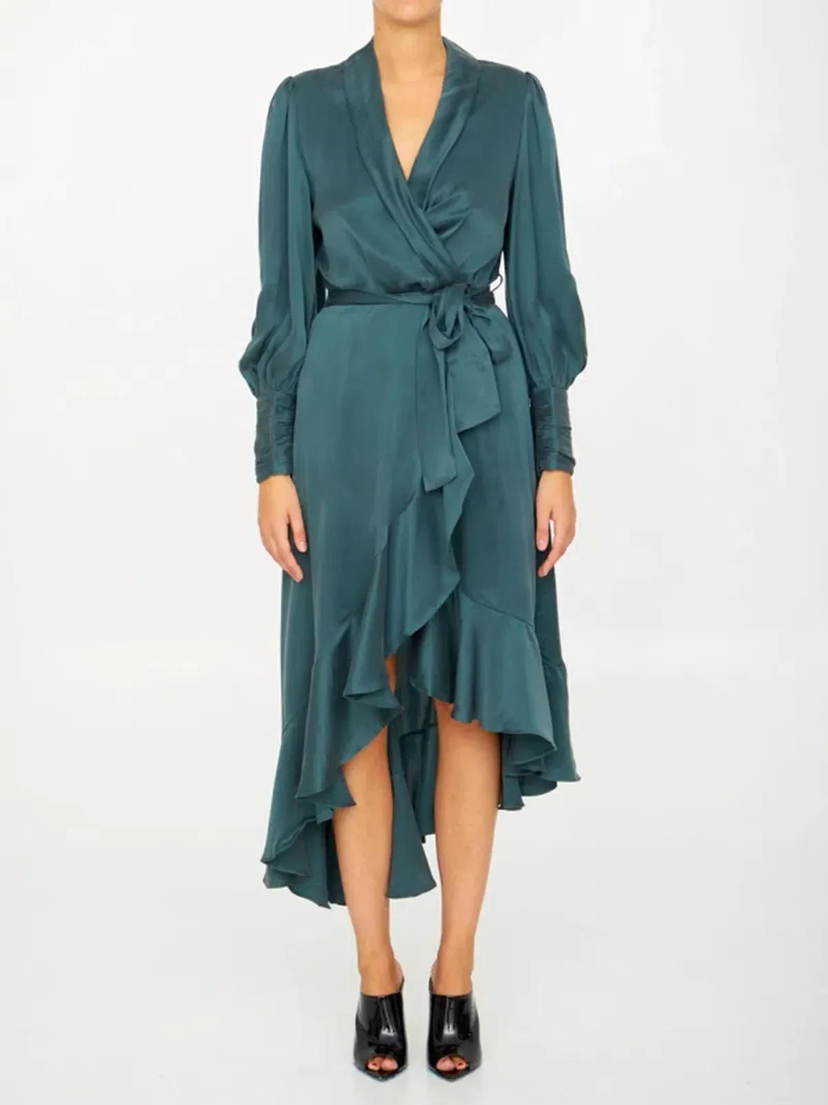 Zimmermann Asymmetric Ruffled Silk-satin Wrap Dress in Green Size 2 / AU 12 - Image 1