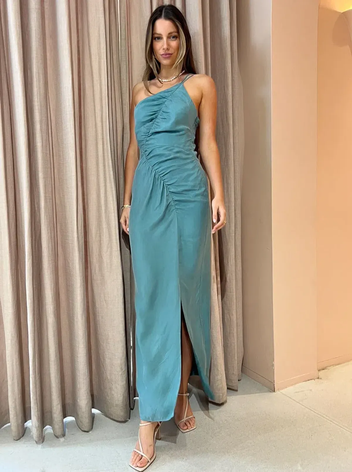 Suboo Andy Asymmetric Ruched Slip Dress Seafoam Size M/AU 10 - Image 1