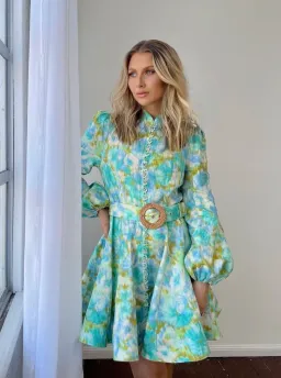 Zimmermann High Tide Buttoned Mini Dress Aqua Ikat Floral Size 1 / Au 10 for rent on The Volte - image 1