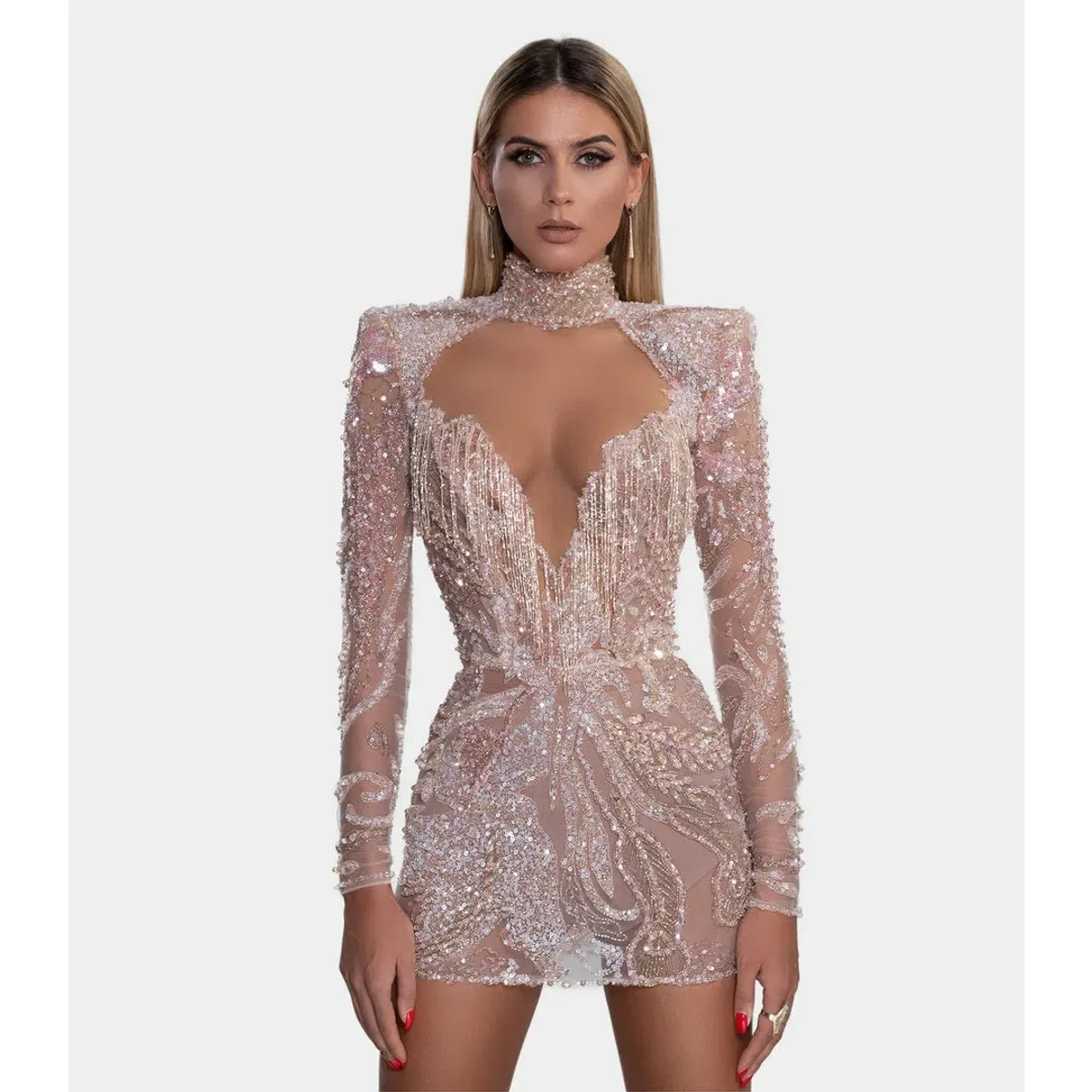 Albina Dyla Gold Couture Rose Gold Beaded Mini Dress Size AU 8 - Image 3