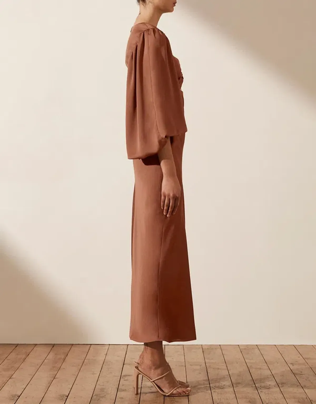 Shona Joy Luxe Twist Front Balloon Sleeve Midi Dress Mocha Size 10 - Image 2